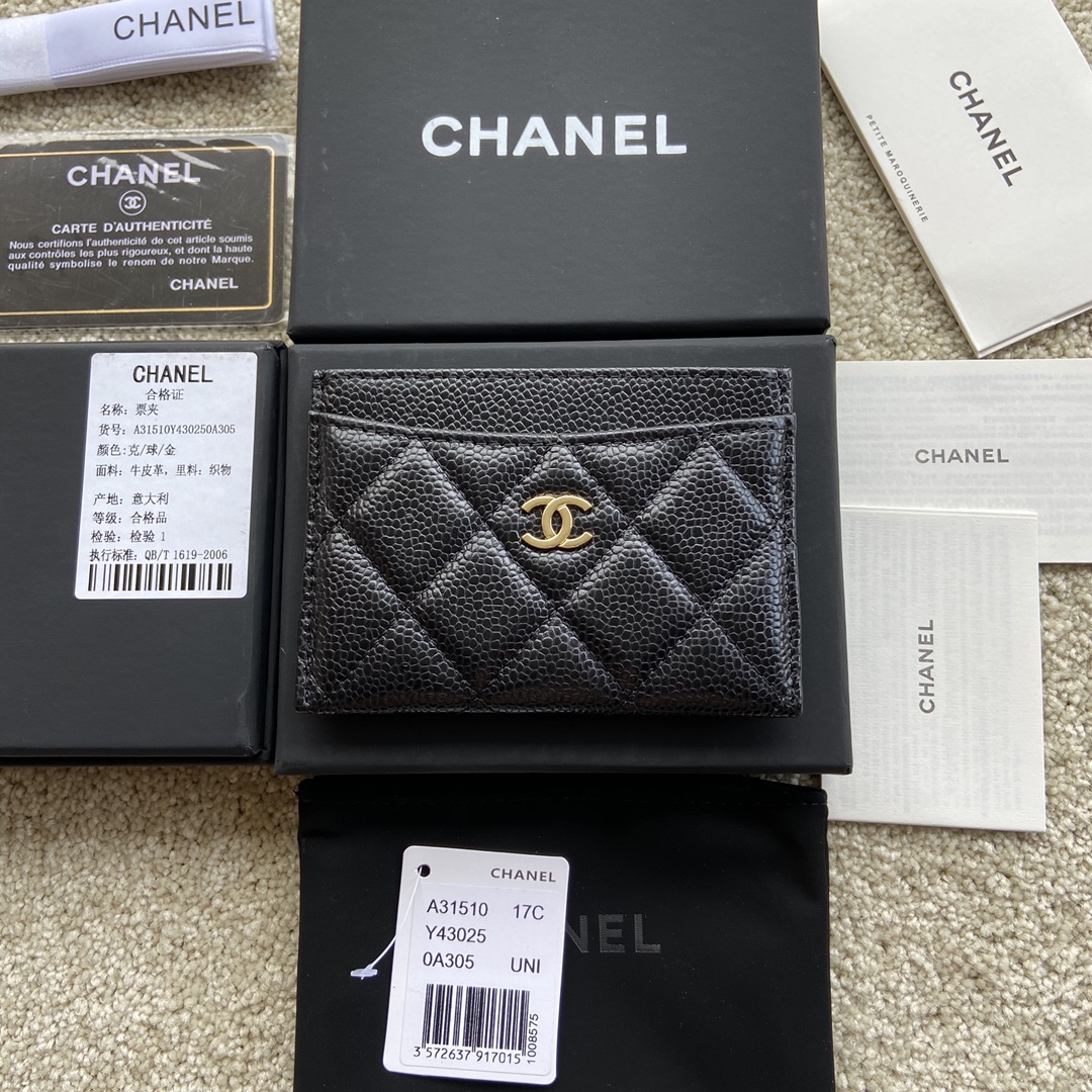 Chanel-Zipper Card Holder Grained Shiny Calfskin & Gold-tone Metal Black