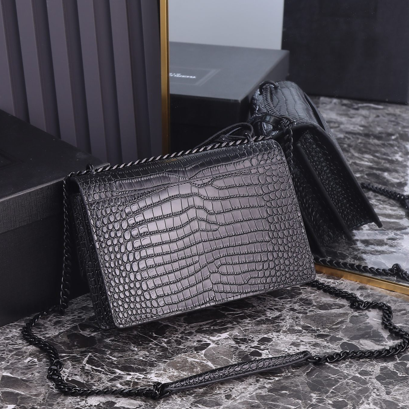 YSL-SUNSET BLACK Crocodile Embossed Shoulder Bag