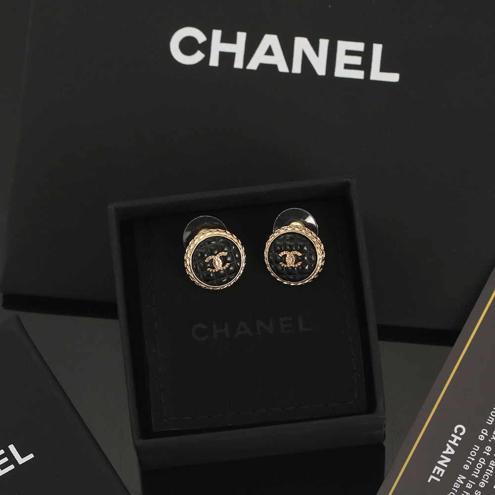 Chanel-Round black lava enamel earrings