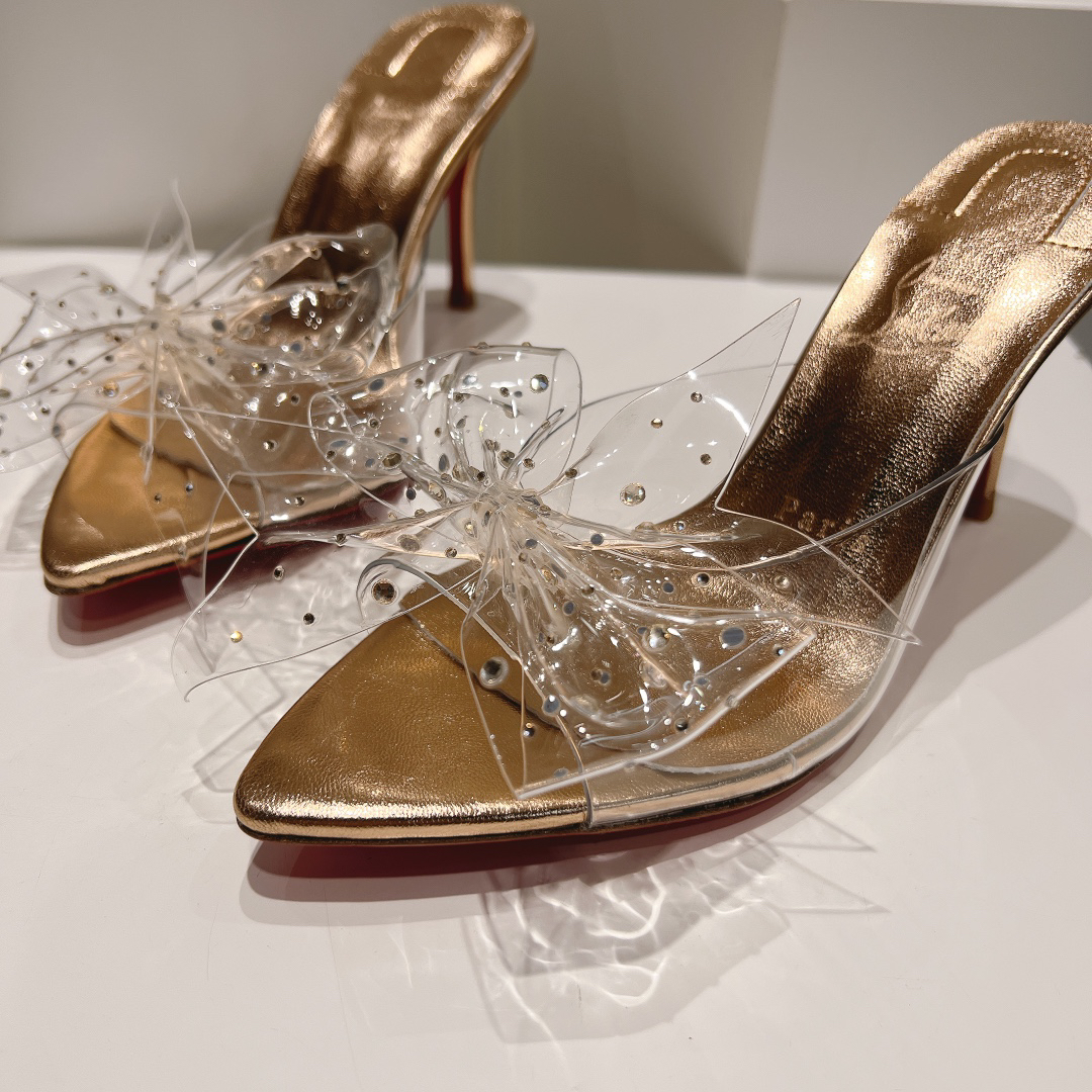 Christian Louboutin-Champagne gold transparent bow high-heeled sandals