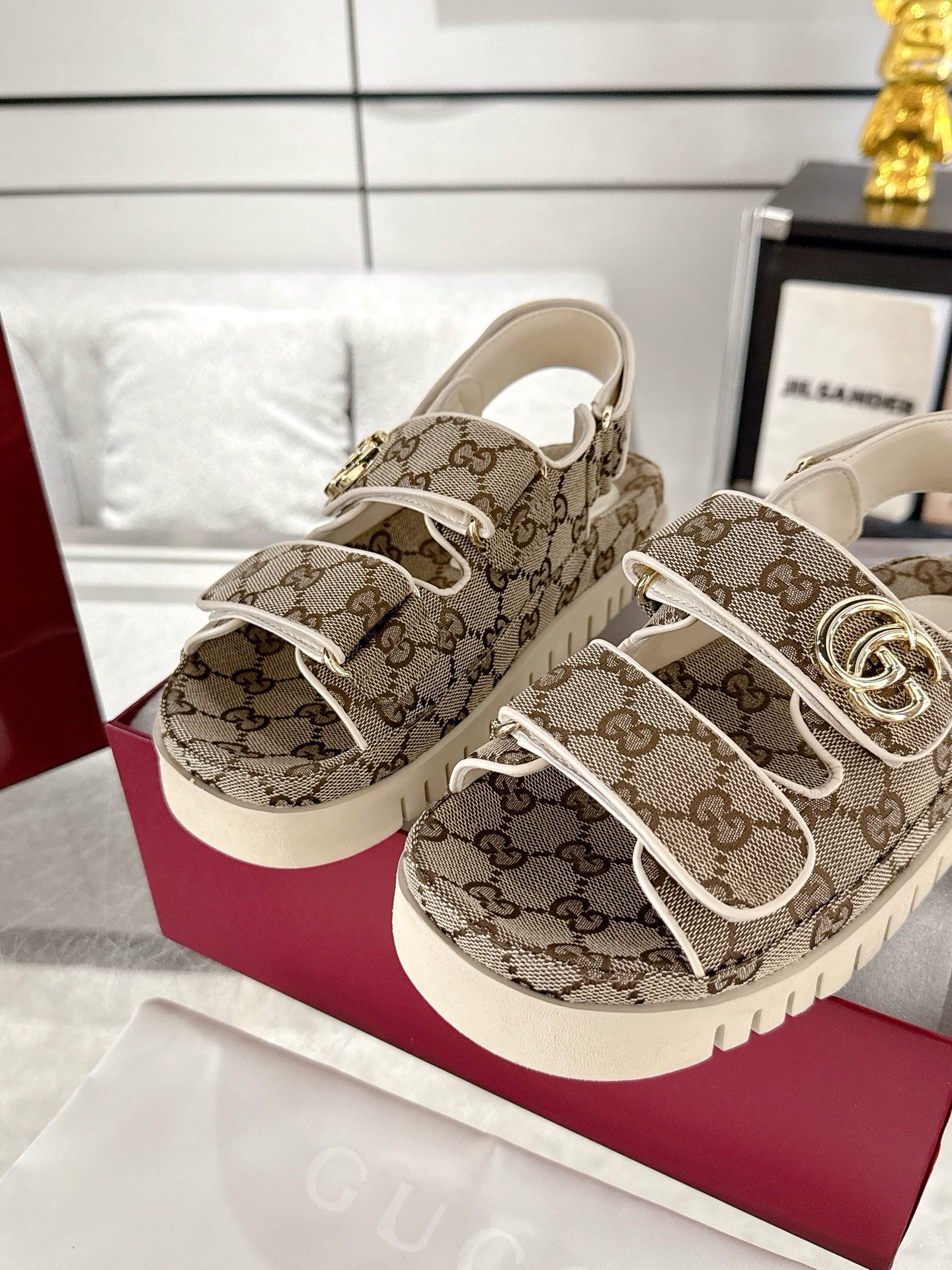 GUCCI - Canvas Round Toe Velcro Sandals Dark Brown