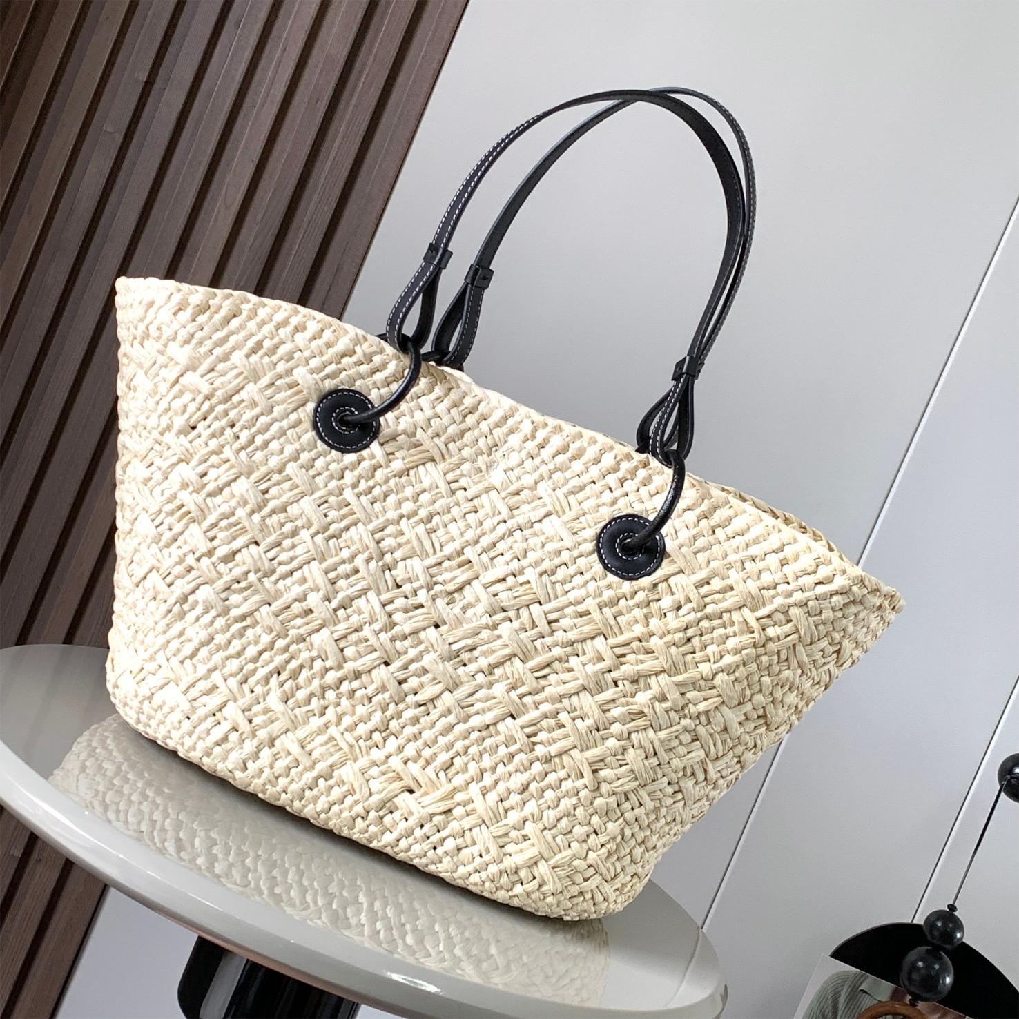 LOEWE-Large size Iraka palm fiber and cowhide Anagram Basket handbag
