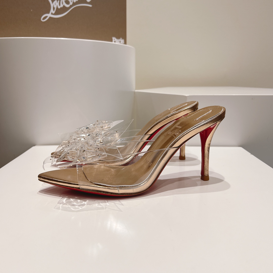 Christian Louboutin-Champagne gold transparent bow high-heeled sandals