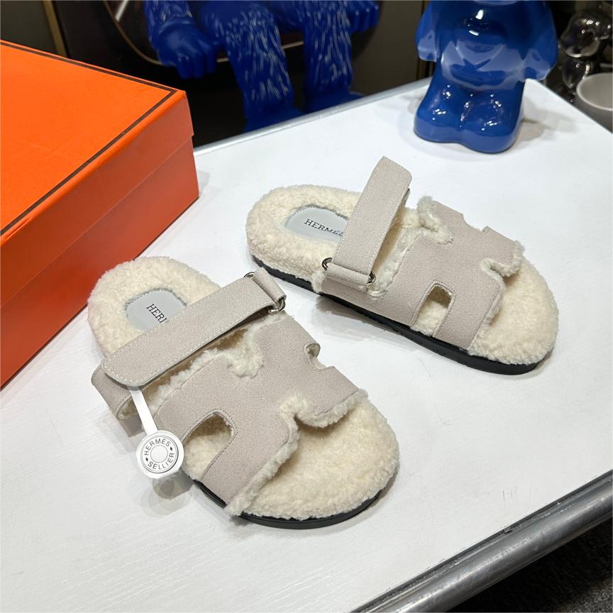Hermes-Chypre series Velcro  Fur slippers