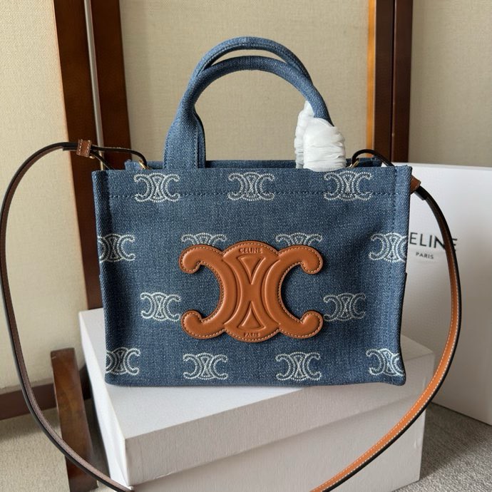 CELINE-Printed fabric cowhide leather tote bag
