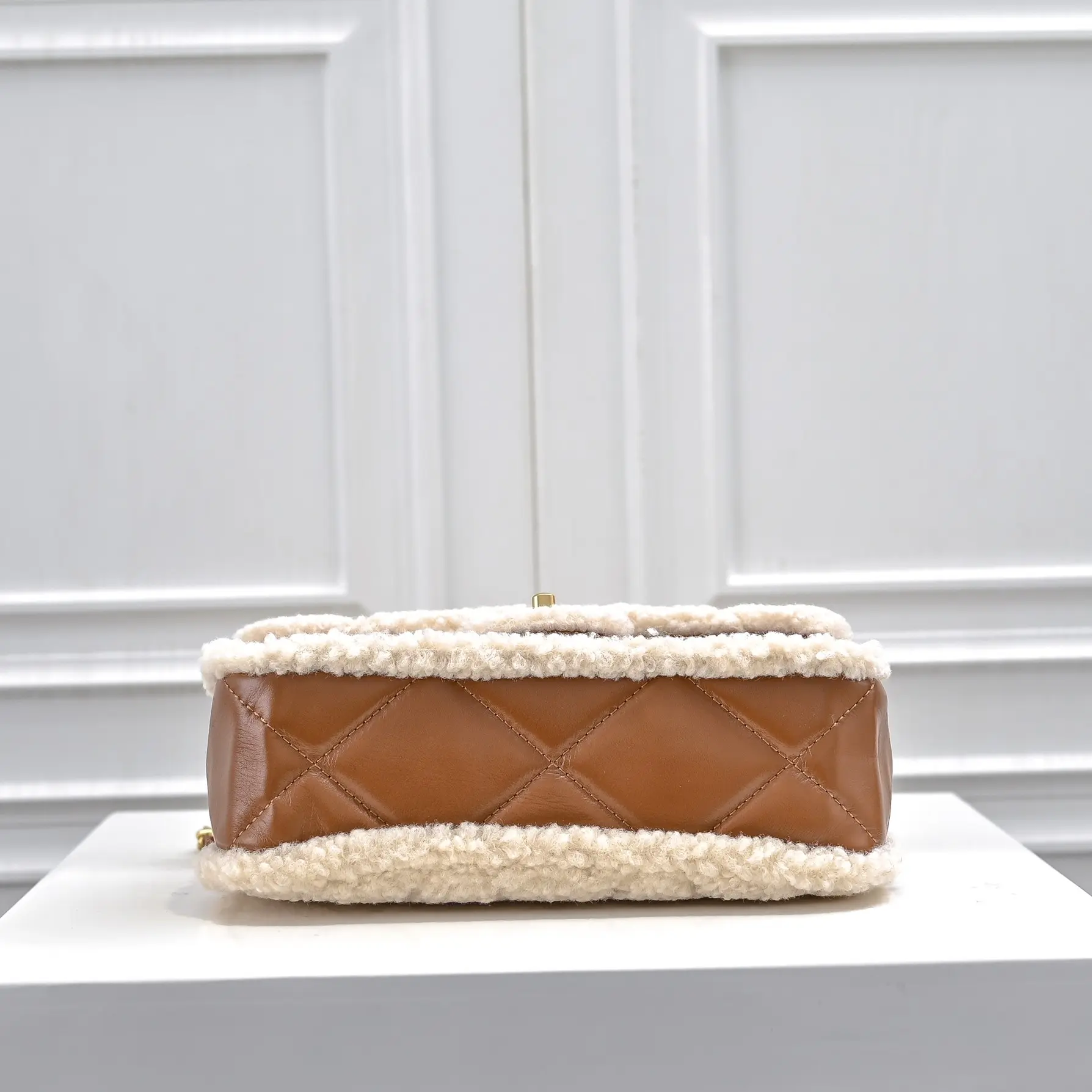 Chanel-mini shearling flap bag brown lambskin brushed gold hardware