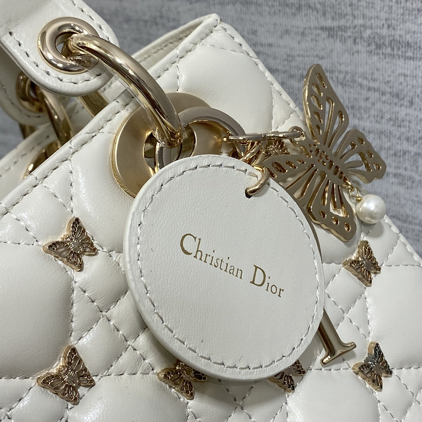 DIOR- Lady Dior Small White Lambskin Shoulder Bag