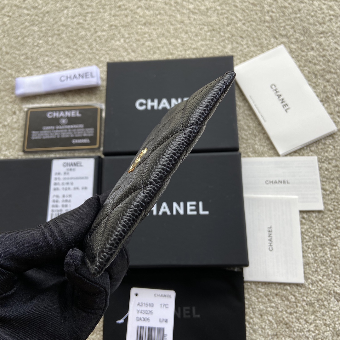 Chanel-Zipper Card Holder Grained Shiny Calfskin & Gold-tone Metal Black