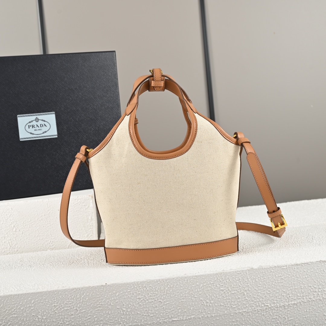 Prada-2024 Summer New Product Linen Blended Leather Tote Bag