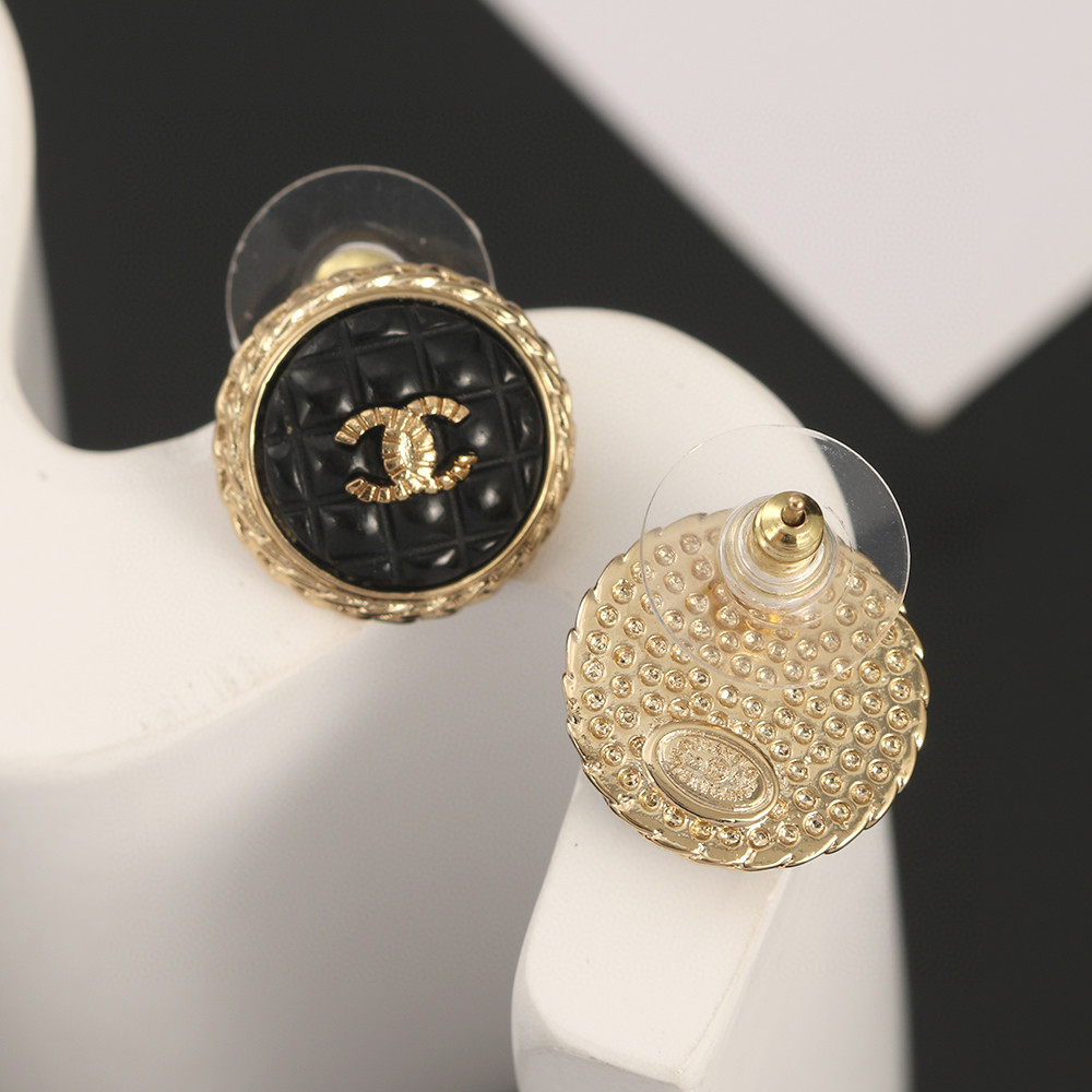 Chanel-Round black lava enamel earrings