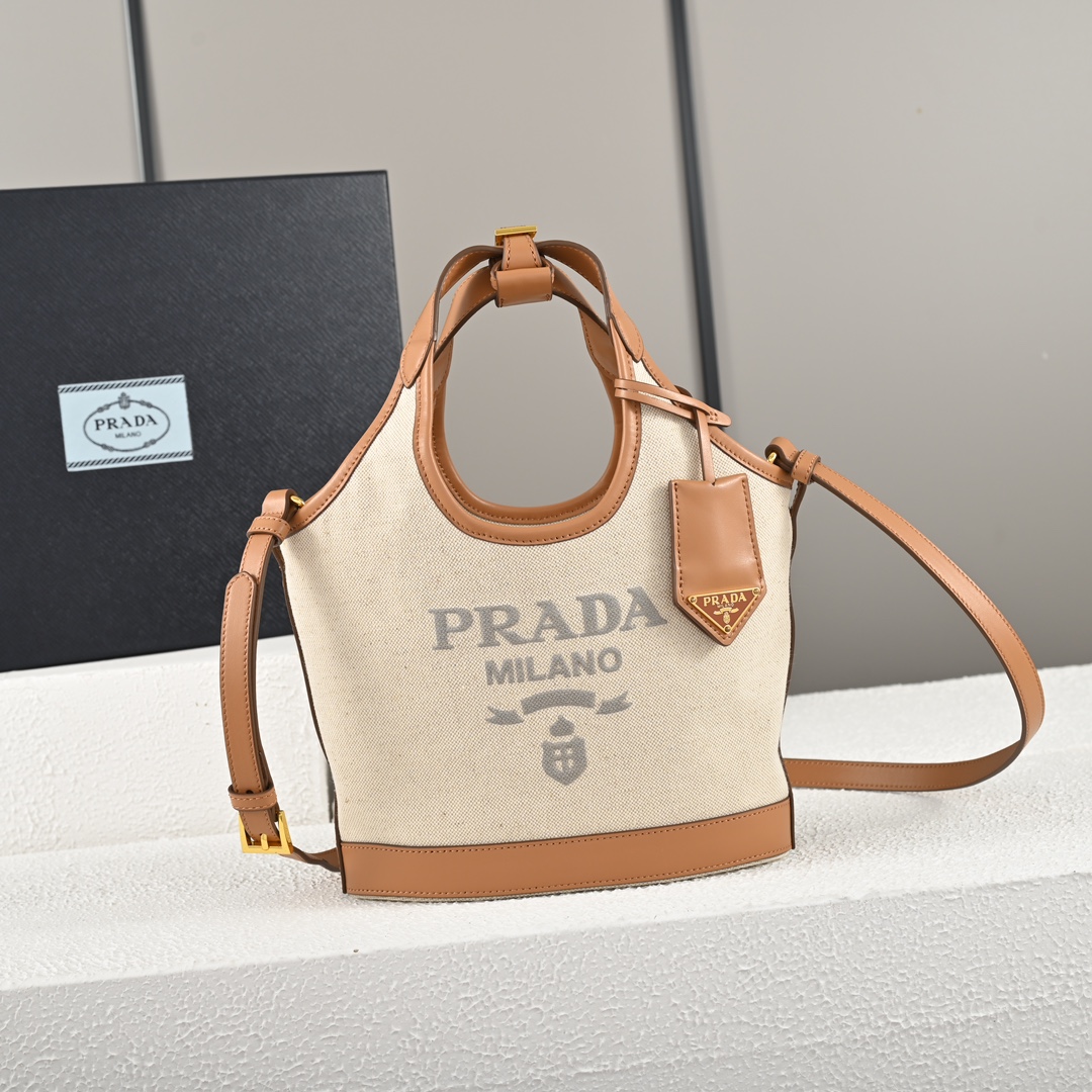 Prada-2024 Summer New Product Linen Blended Leather Tote Bag