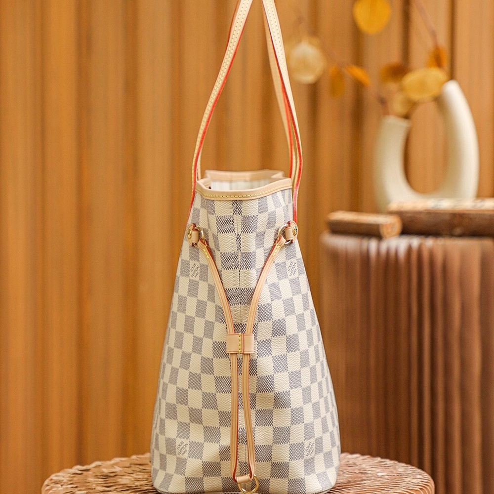 LV-Checkered Canvas and Cowhide Shopping Bag Shoulder Handbag