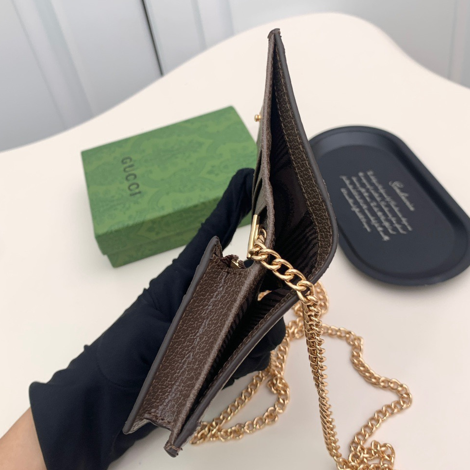 GUCCI - Ophidia Brown Leather Card Holder Shoulder Crossbody Bag