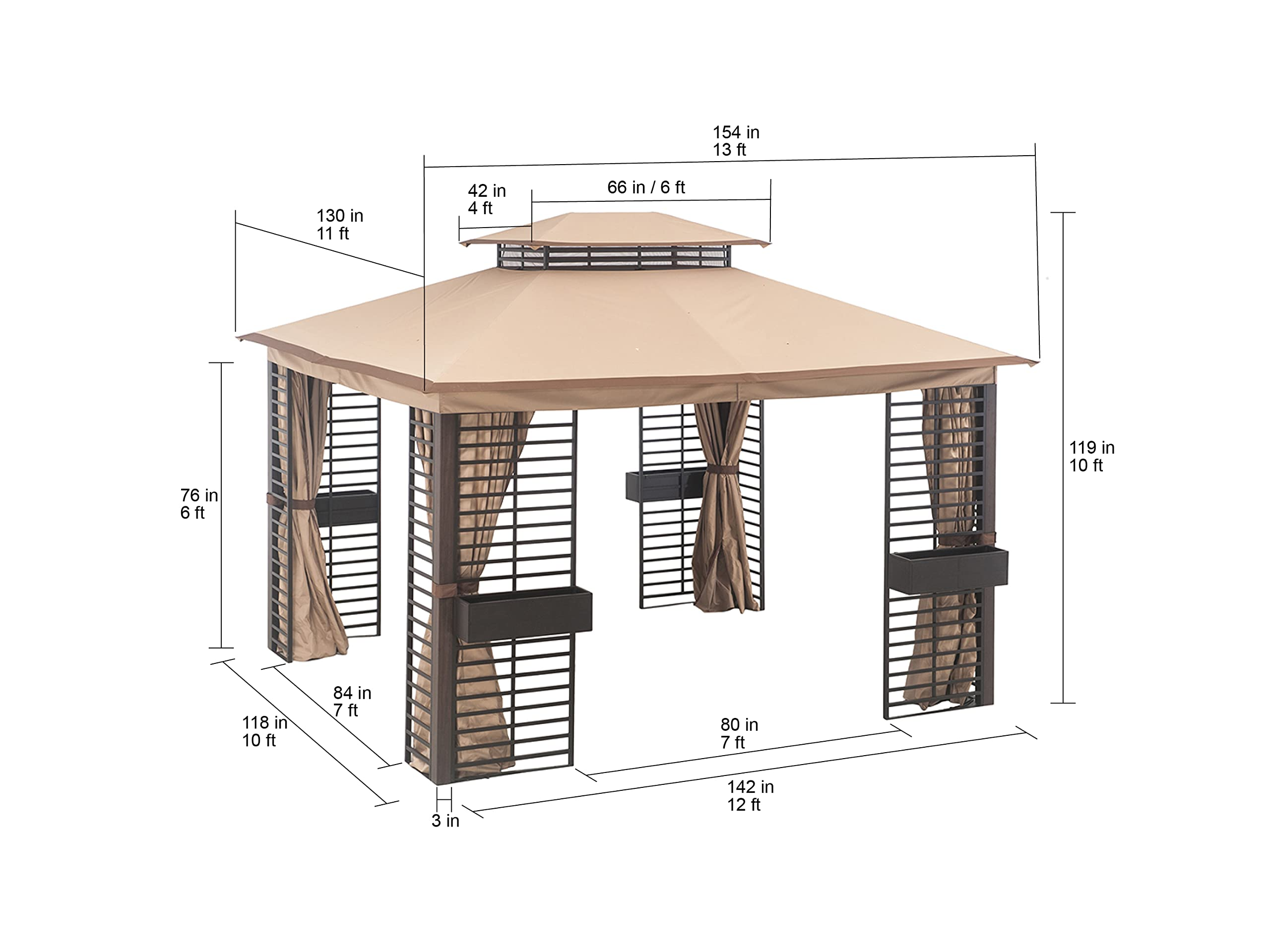 【Gazebo】11x13 Gazebos with Planters, Outdoor Patio Steel 2Tier Soft