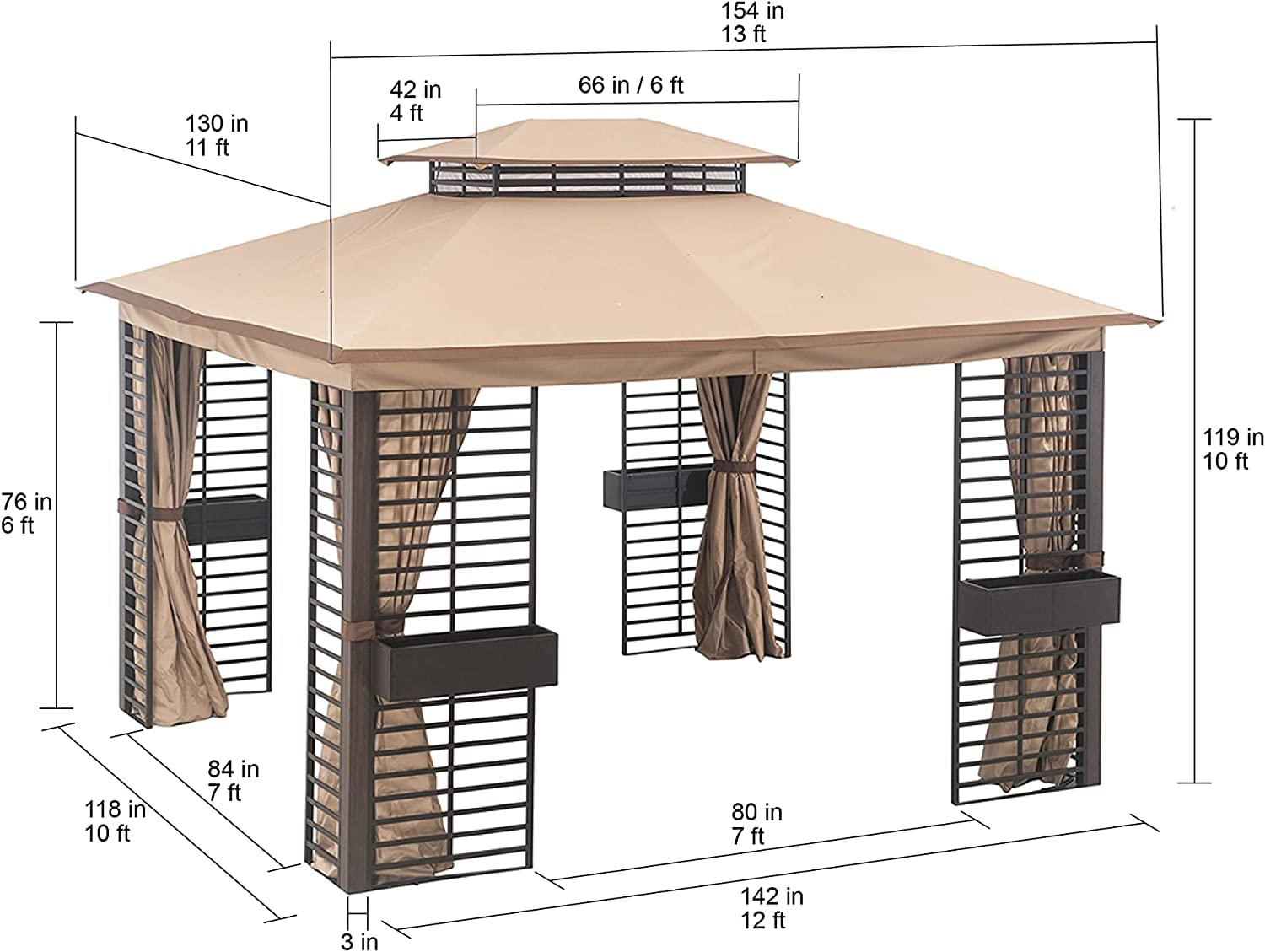 【Gazebo】11x13 Gazebos with Planters, Outdoor Patio Steel 2Tier Soft