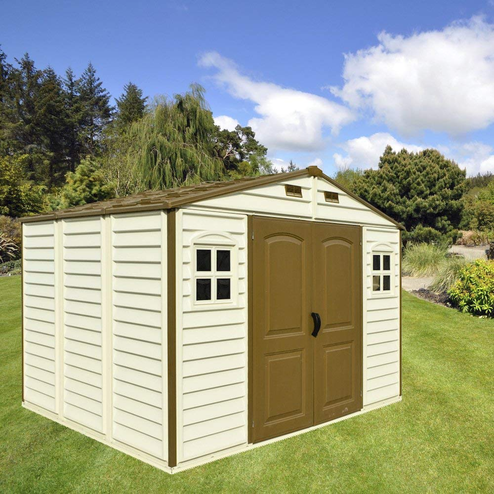 Duramax Woodside 10 X 8 8 02 M2 Plastic Garden Shed With 3 Fixed Windows And Metal Foundation