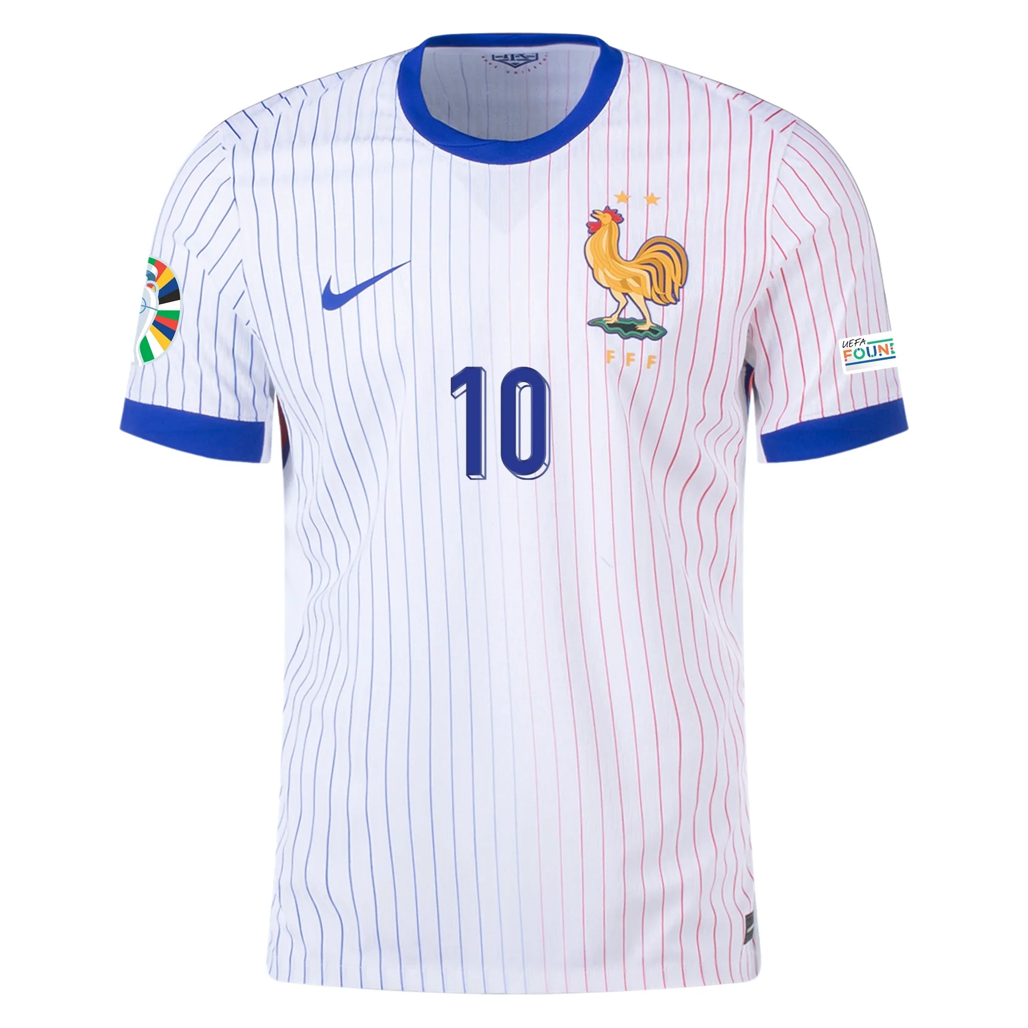 France Kylian Mbappe Away Jersey w/ Euro 2024 Patches 24/25 (White/Bright Blue)