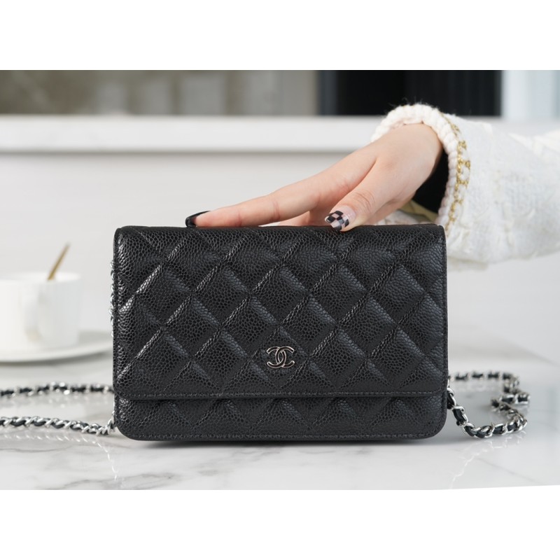 Chanel 𝑾𝒐𝒄 hair bag (press button version) leather black cow silver