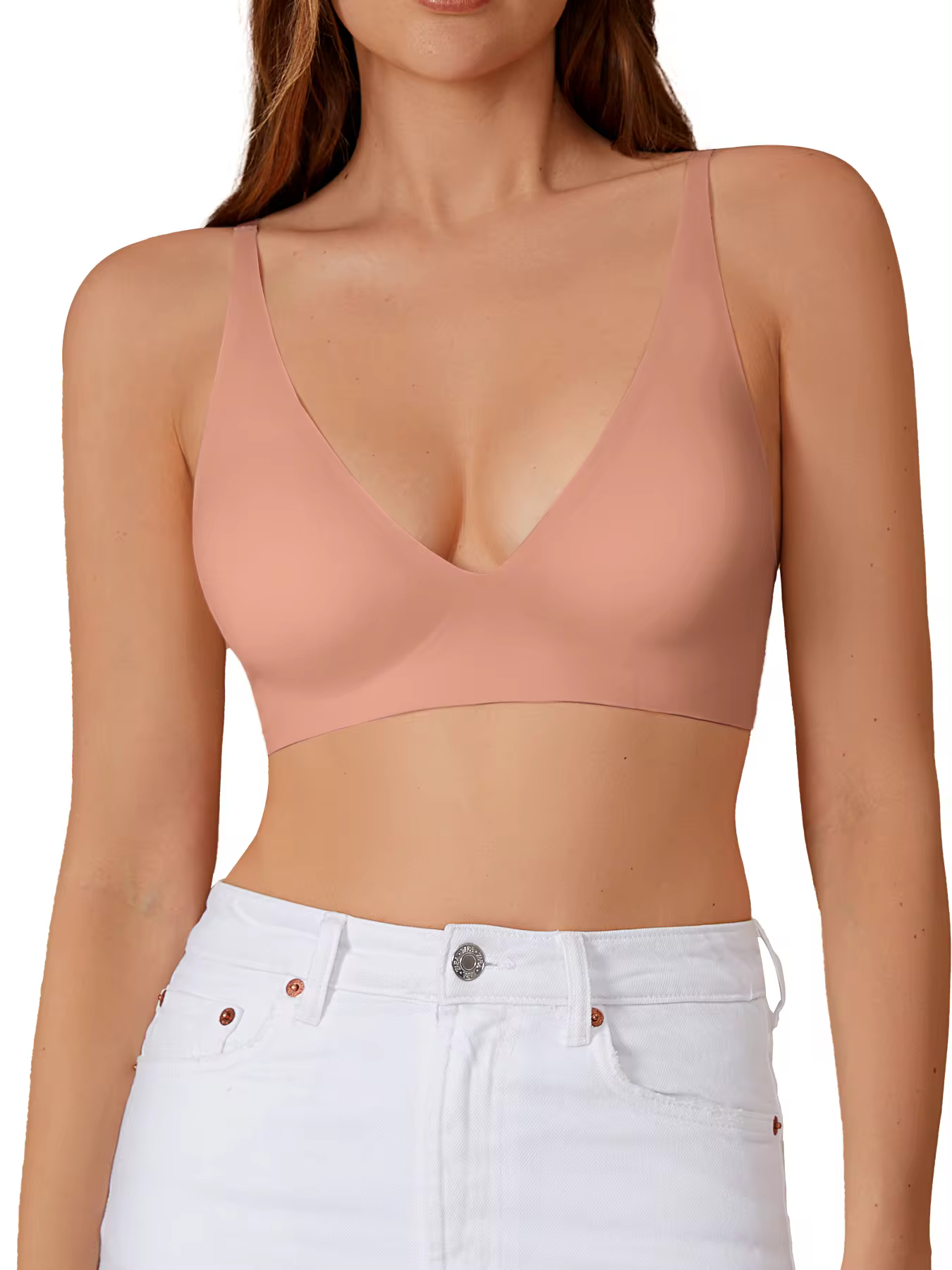 Dropshipping Ladies Scallop Side Comfortable V Shaped Wire Free Brassie One Piece Bralette Invisible Push Up Seamless Bra