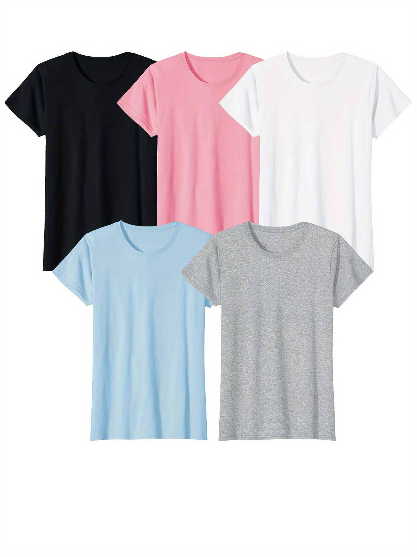 5-Piece Set Of Pure Cotton Casual Fashion Comfortable Short-sleeved Sports Shirts, Women's Solid Color Tops Multi-piece Combination