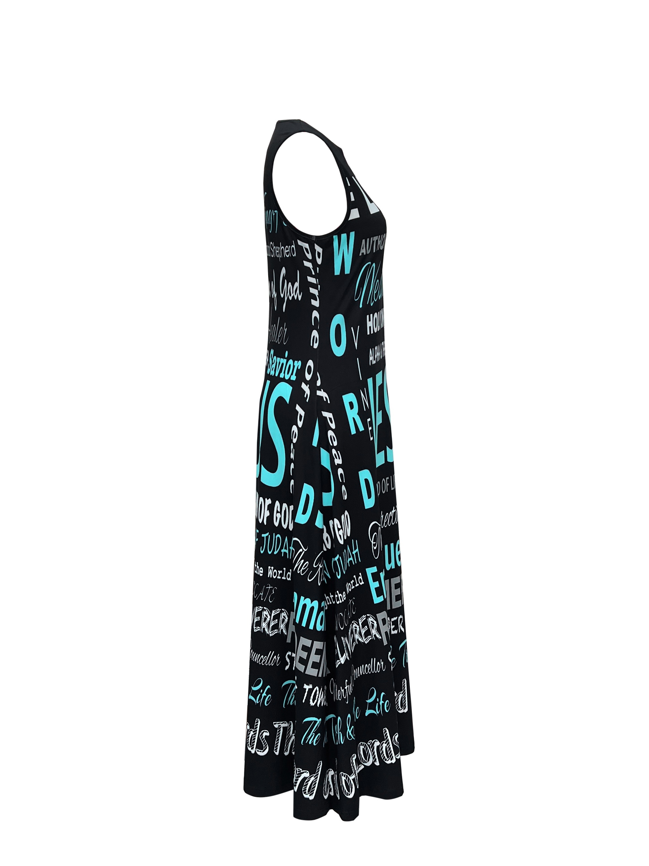 Letter Print Notched Neck Dress, Elegant Sleeveless Maxi Dress For Spring & Summer, Women's Clothing