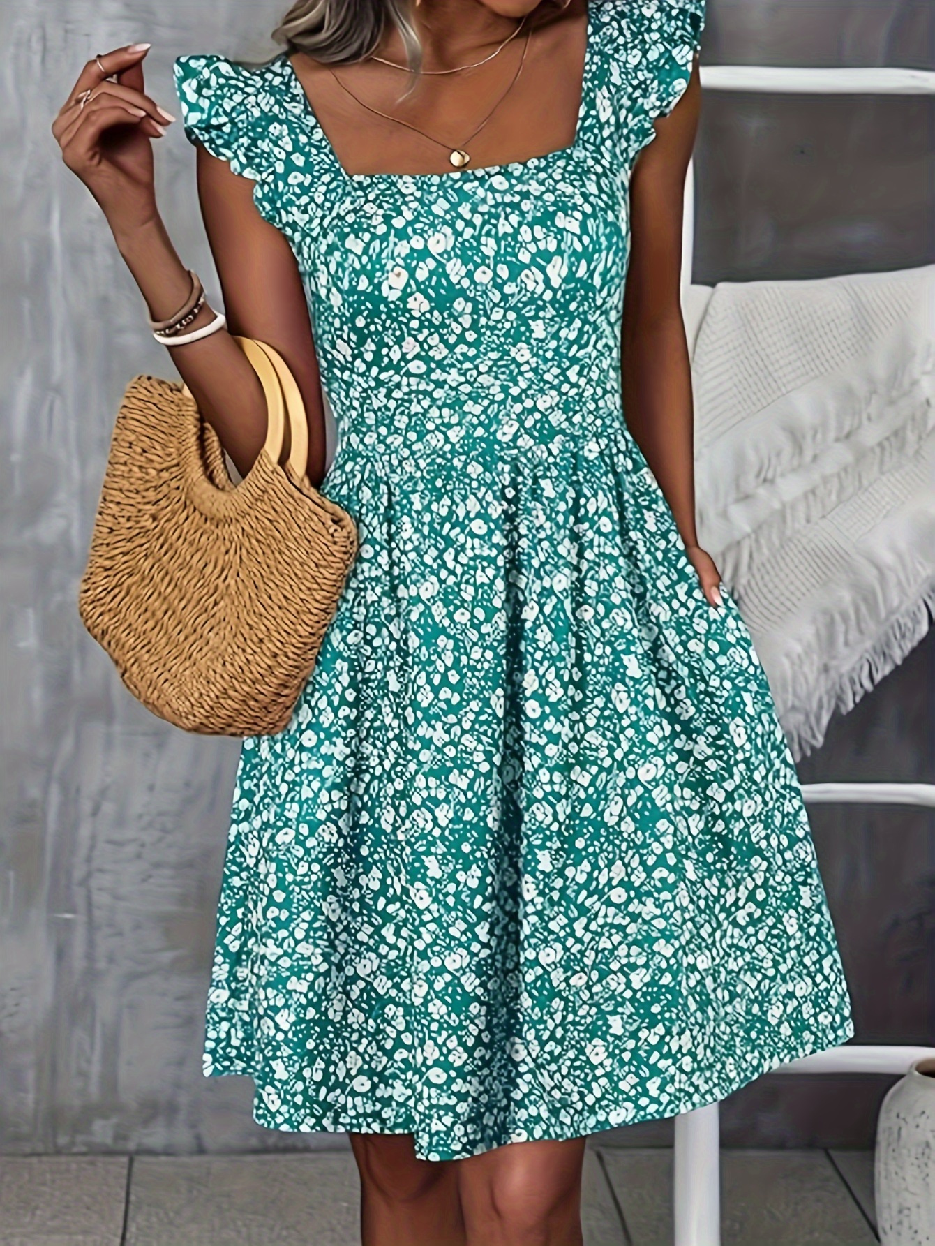 Floral Print Square Neck Patched Pockets Dress, Elegant Ruffle Sleeves Cinched Waist Dress For Spring & Summer, Women's Clothing