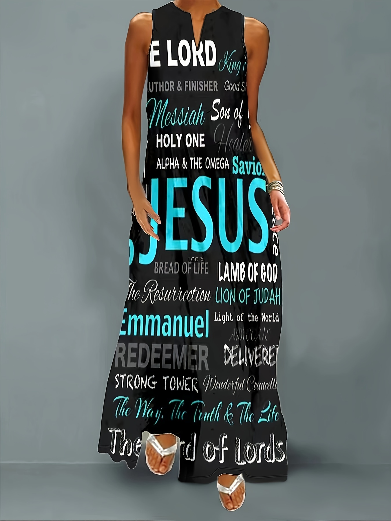 Letter Print Notched Neck Dress, Elegant Sleeveless Maxi Dress For Spring & Summer, Women's Clothing