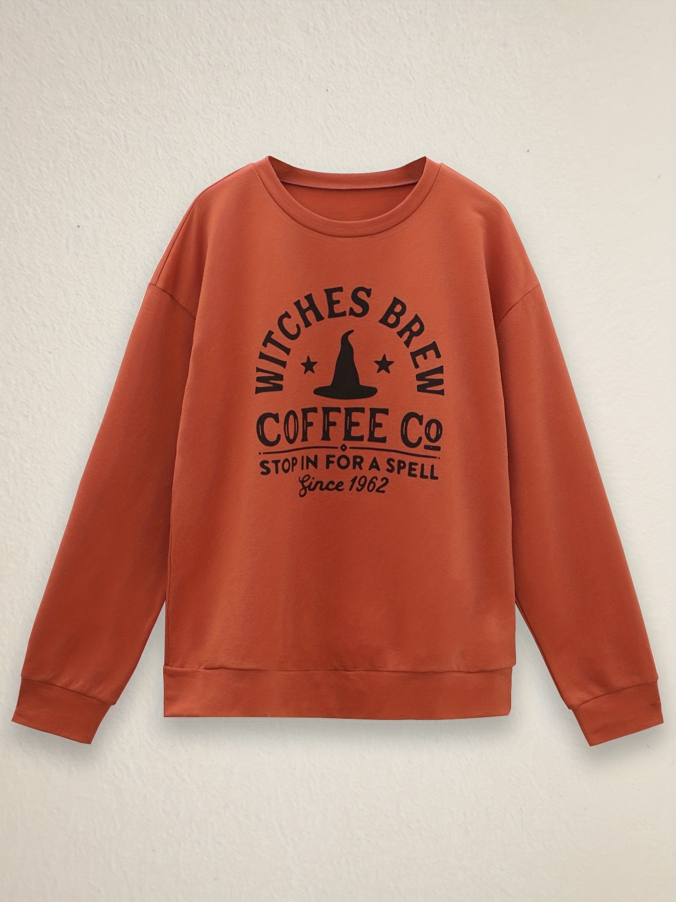 Witch Hat & Letter Print Crew Neck T-Shirt, Casual Long Sleeve Top For Spring & Fall, Women's Clothing