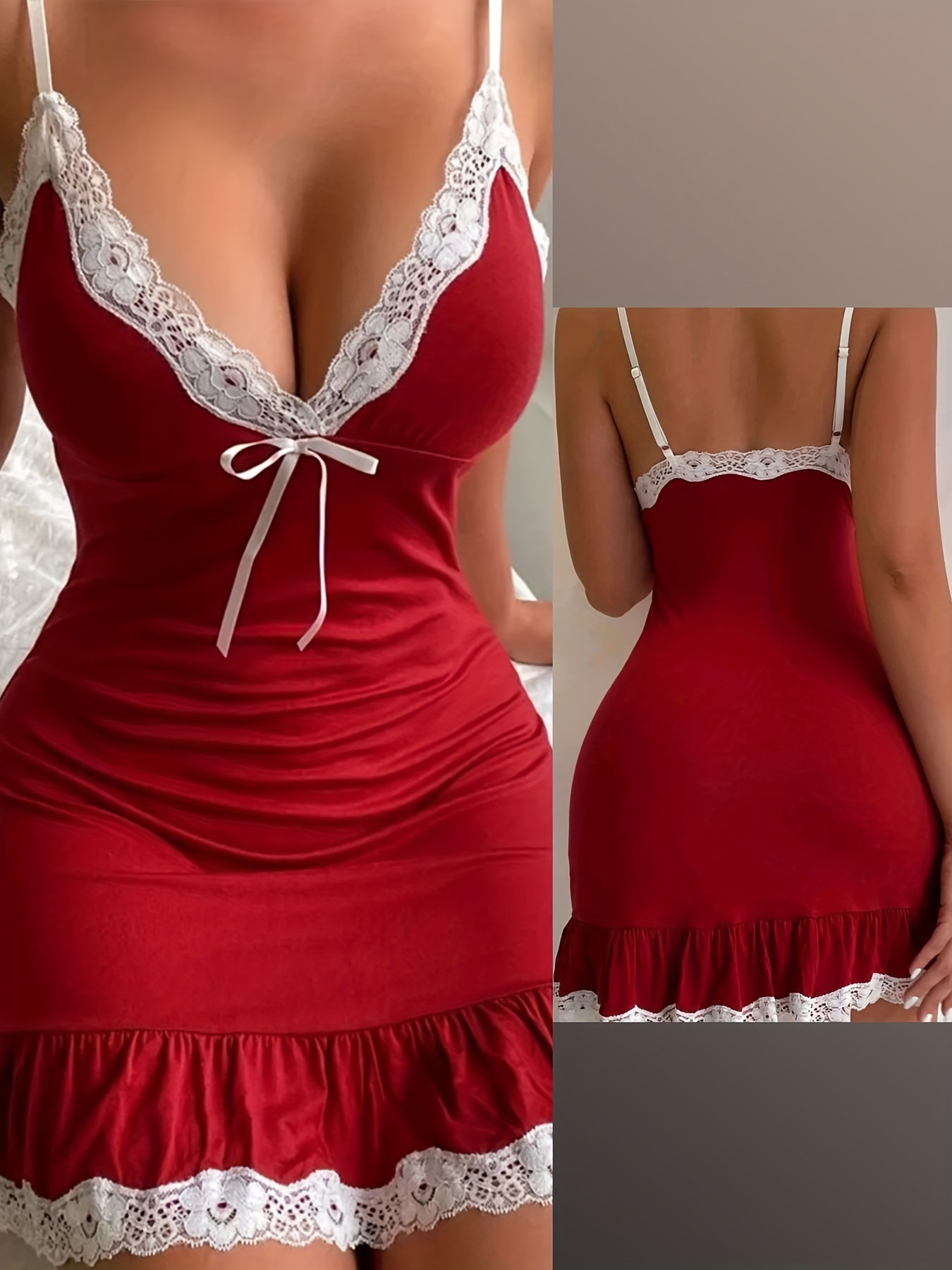 Women's Elegant Lace-Trimmed Lounge Dress - Adjustable Back Closure, V-Neck And Side Slit - Sleeveless Backless Slip Dress