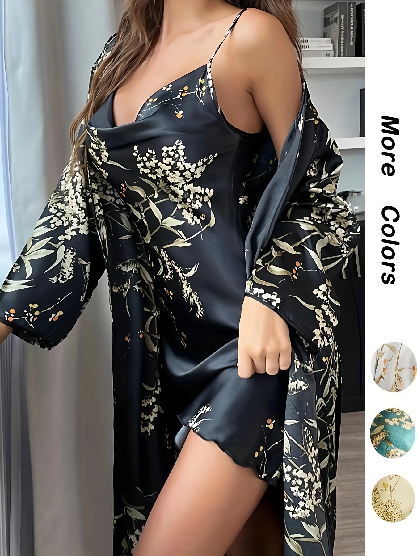 New 2pcs Spring Floral Print Cowl Neck Slip Nightdress & Belted Robe Pyjama Set, Draped Neck Sleeveless Cami Night Dress & Long Sleeve Dressing Gown Pj Set As Mother's Day Gift, Womenswear, Women's Sleepwear & Loungewear Set, Comfort Clothes Set