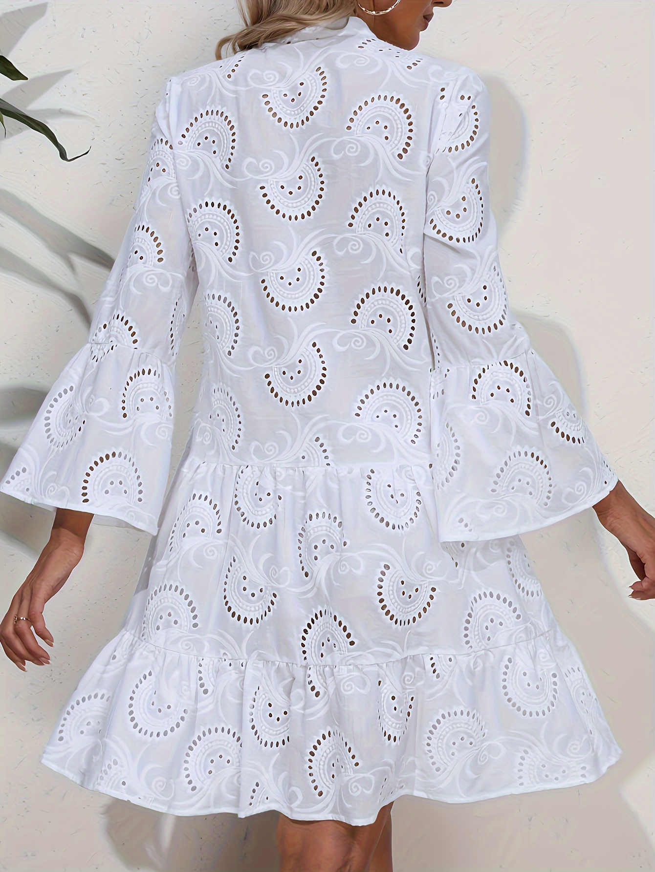 Solid Color V Neck Dress, Vacation Button Front Long Sleeve Ruffle Hem Dress For Spring & Fall, Women's Clothing