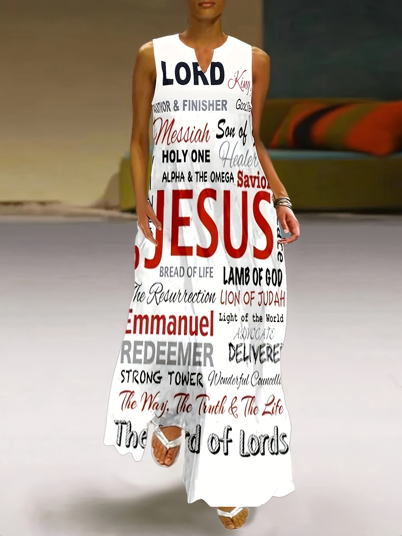 Letter Print Notched Neck Dress, Elegant Sleeveless Maxi Dress For Spring & Summer, Women's Clothing