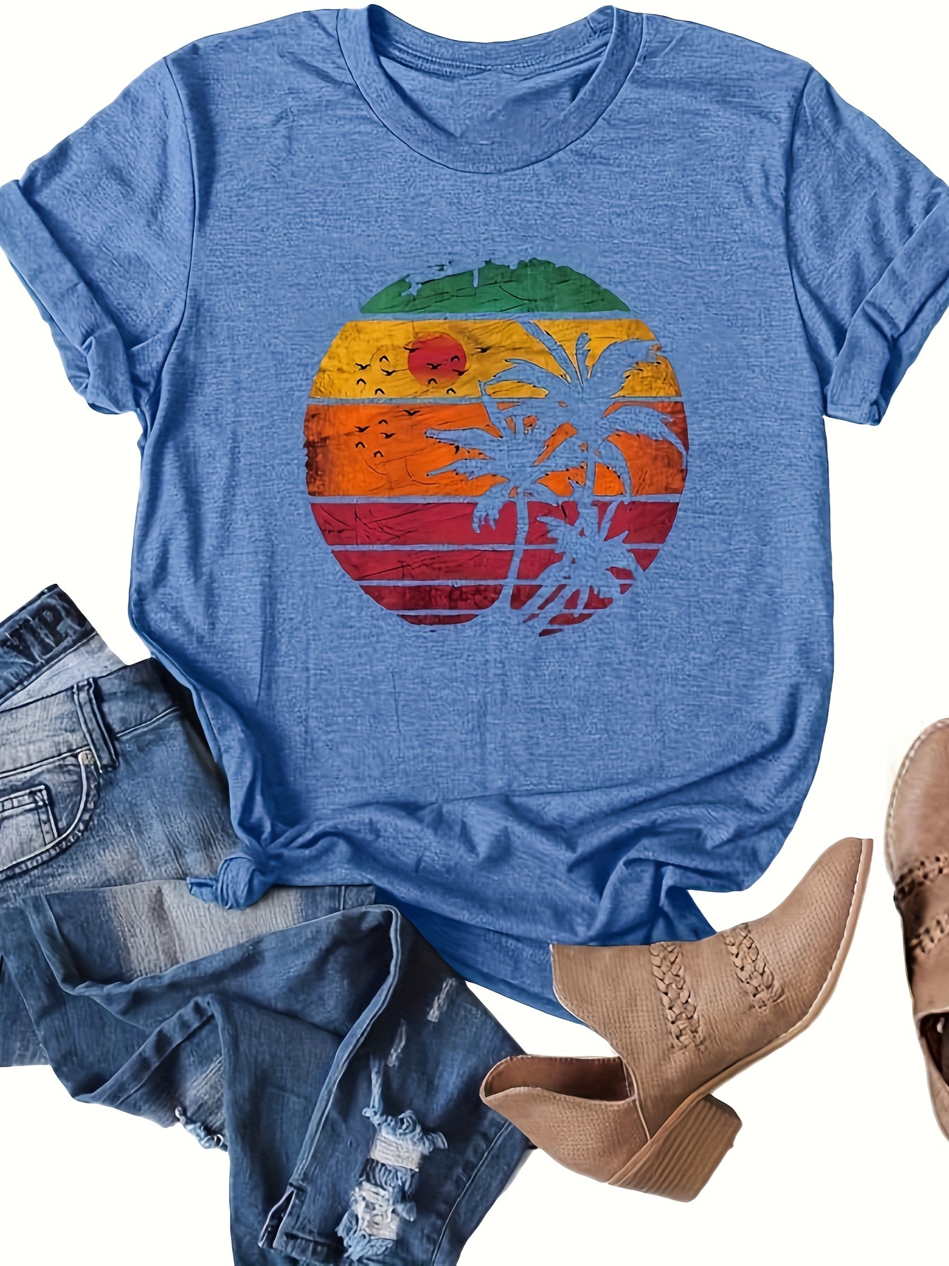 Coconut Tree & Sun Print Casual T-shirt, Crew Neck Short Sleeve Top For Spring & Summer, Women's Clothing