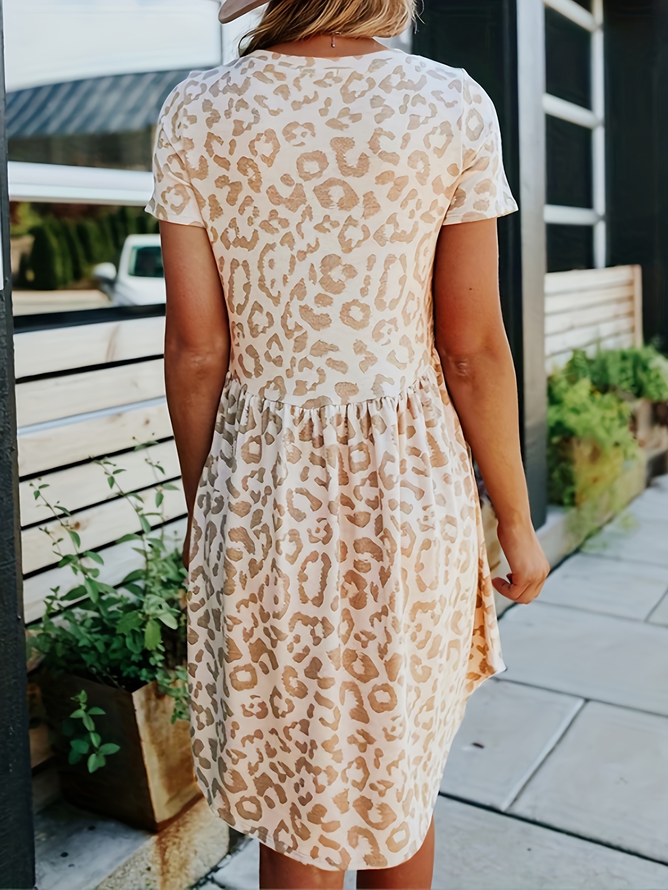 Leopard Print Crew Neck Dress, Casual Short Sleeve Dress For Spring & Summer, Women's Clothing