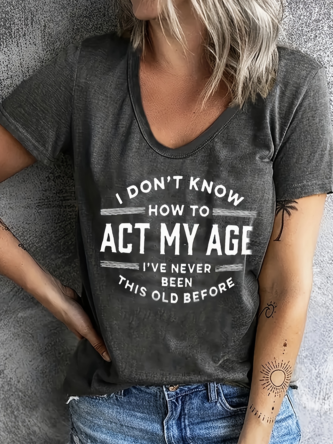 ACT MY AGE Print Crew Neck T-shirt, Casual Short Sleeve T-shirt For Summer, Women's Clothing