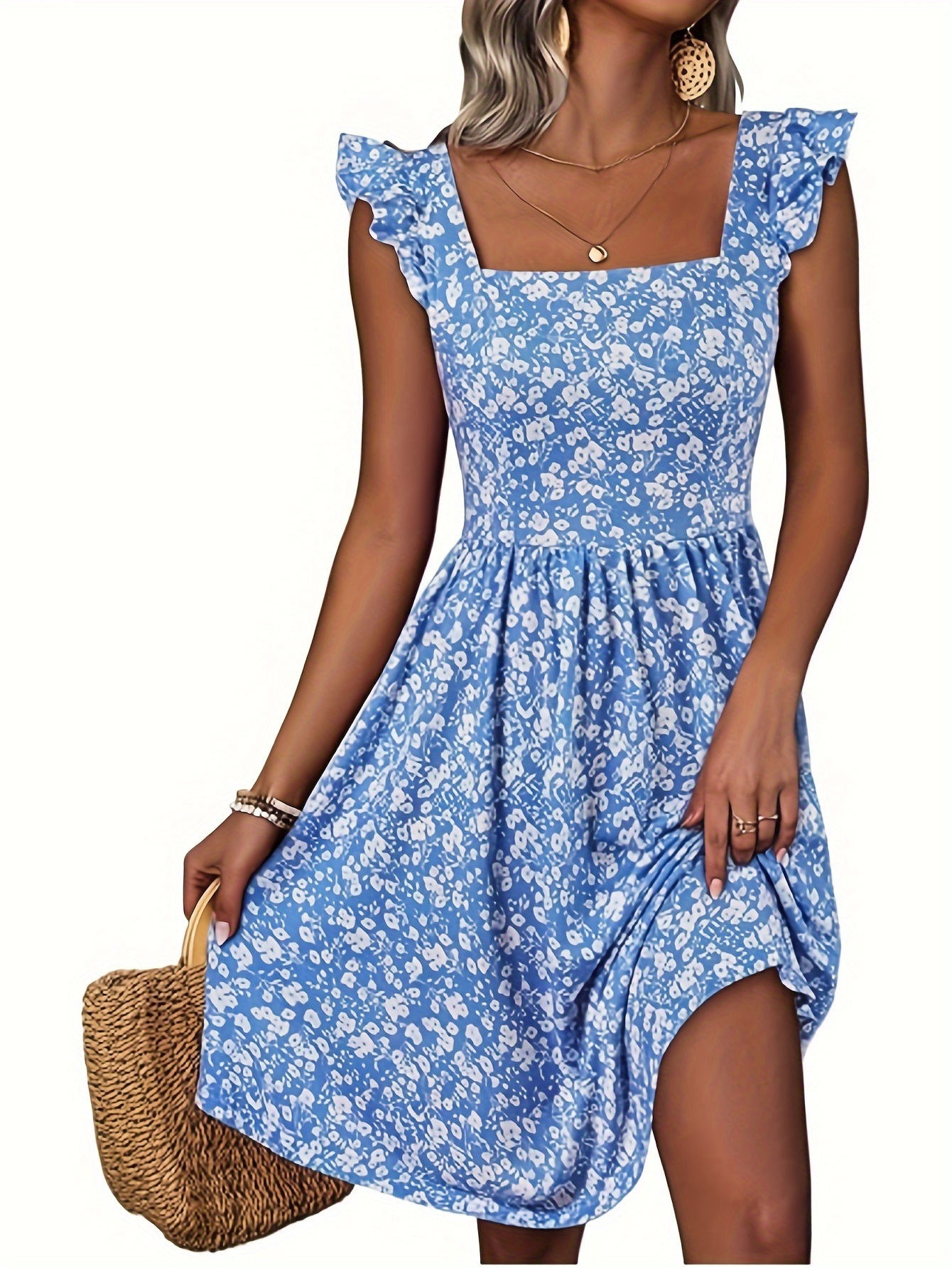 Floral Print Square Neck Patched Pockets Dress, Elegant Ruffle Sleeves Cinched Waist Dress For Spring & Summer, Women's Clothing