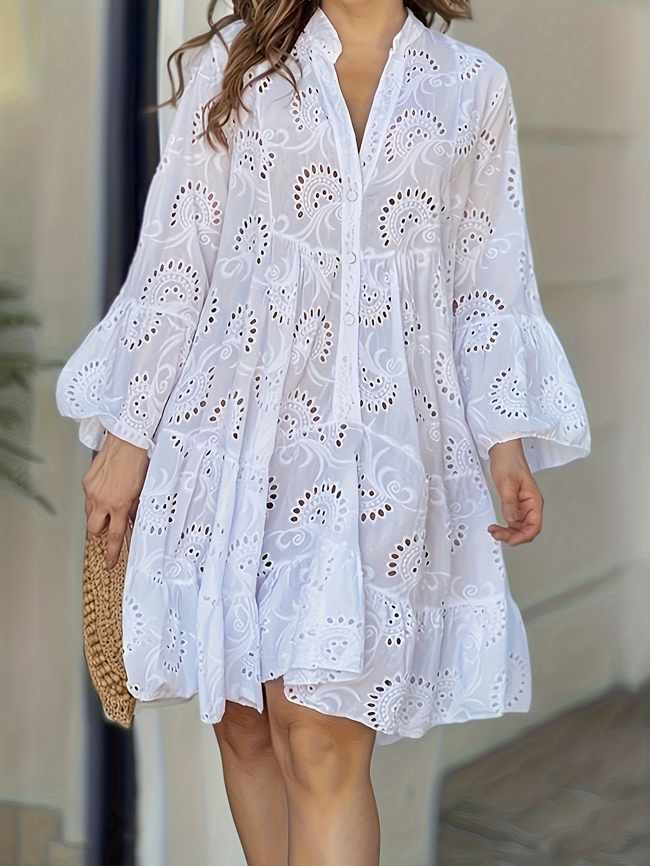 Solid Color V Neck Dress, Vacation Button Front Long Sleeve Ruffle Hem Dress For Spring & Fall, Women's Clothing