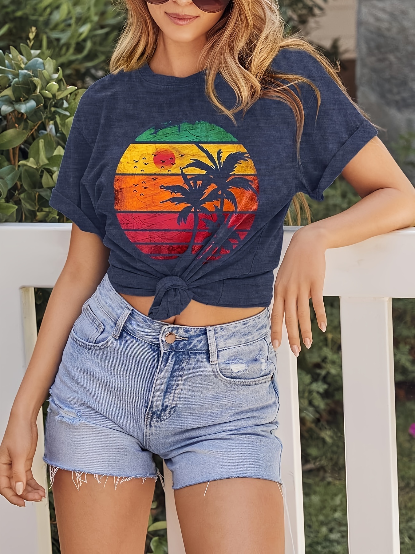 Coconut Tree & Sun Print Casual T-shirt, Crew Neck Short Sleeve Top For Spring & Summer, Women's Clothing