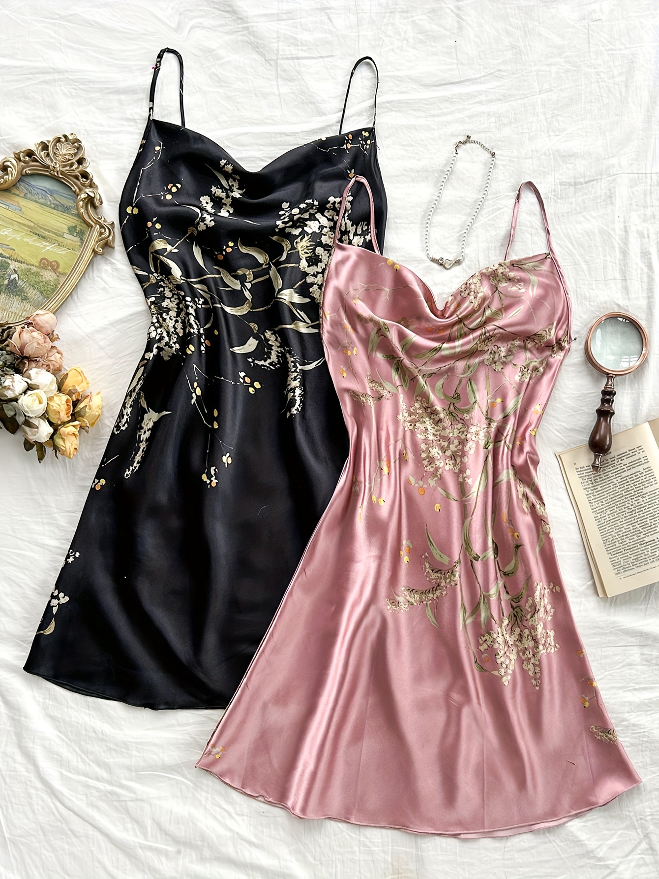 2 Pcs Floral Print Nightdress Draped Collar Backless Sleep Dress Women's Sleepwear