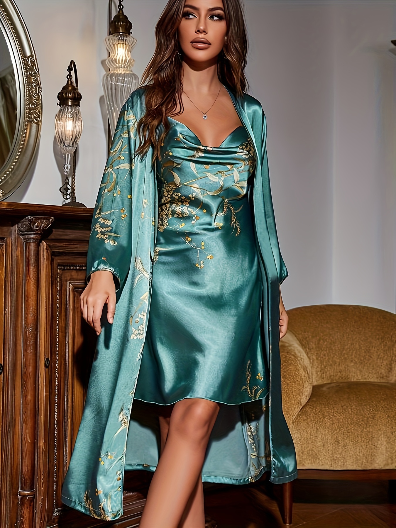 New 2pcs Spring Floral Print Cowl Neck Slip Nightdress & Belted Robe Pyjama Set, Draped Neck Sleeveless Cami Night Dress & Long Sleeve Dressing Gown Pj Set As Mother's Day Gift, Womenswear, Women's Sleepwear & Loungewear Set, Comfort Clothes Set