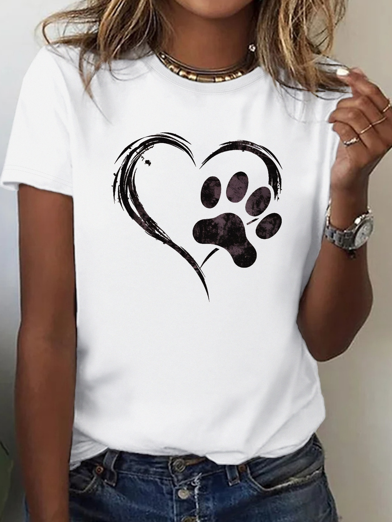 Love Pet Print Crew Neck T-shirt, Casual Short Sleeve Top For Spring & Summer, Women's Clothing