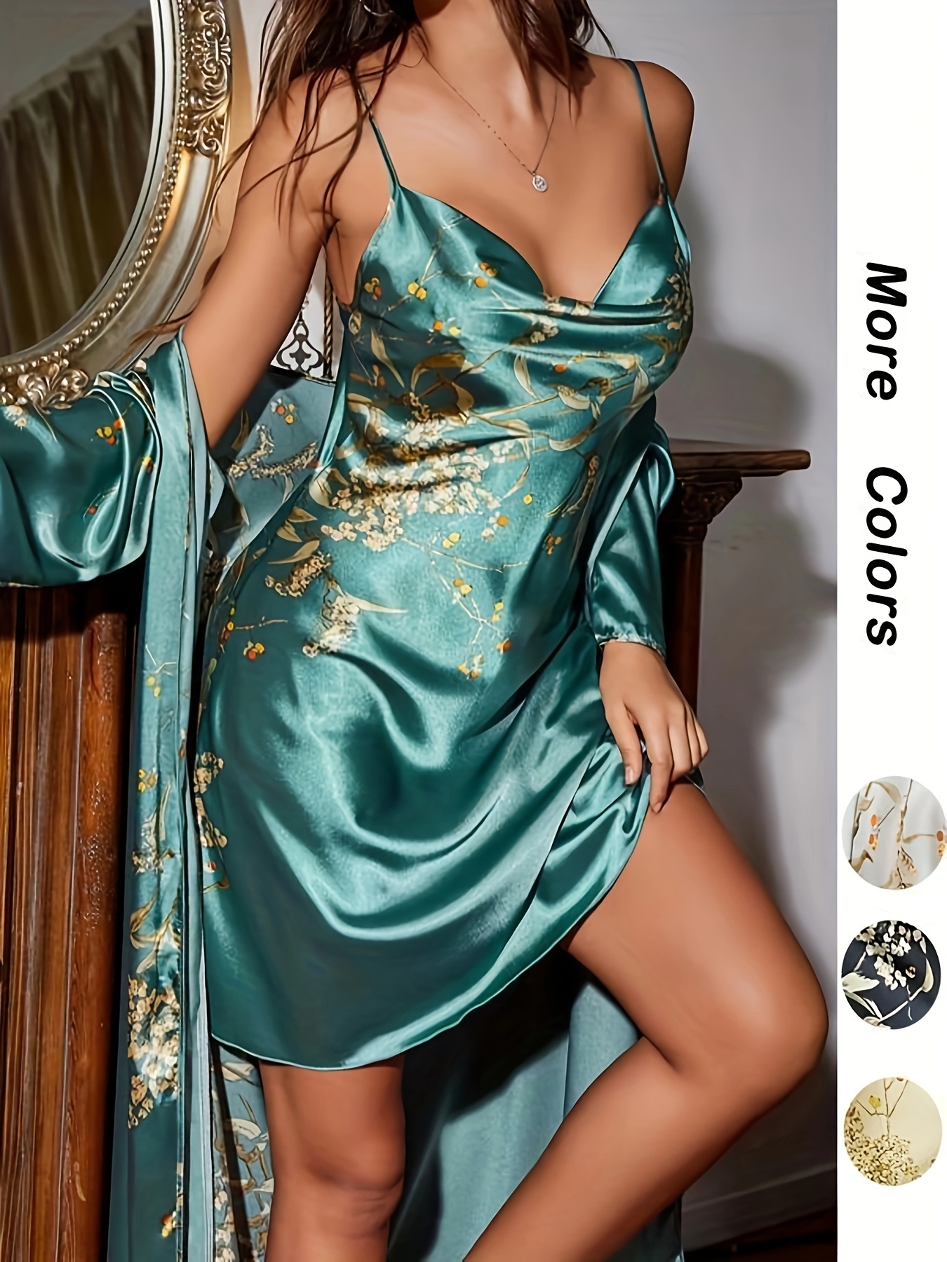 New 2pcs Spring Floral Print Cowl Neck Slip Nightdress & Belted Robe Pyjama Set, Draped Neck Sleeveless Cami Night Dress & Long Sleeve Dressing Gown Pj Set As Mother's Day Gift, Womenswear, Women's Sleepwear & Loungewear Set, Comfort Clothes Set