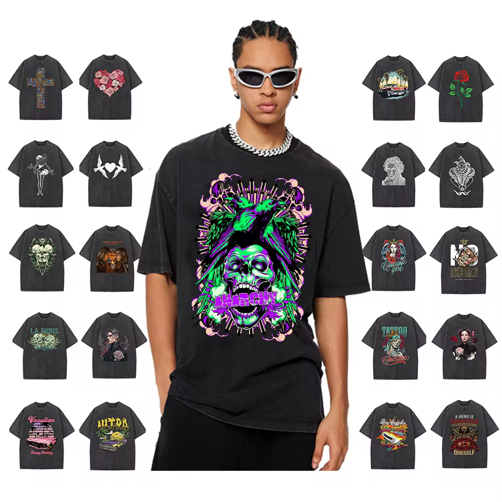 High Quality Mens Oversize Heavy Vintage T Shirt With DTG Printing Acid Wash 100% Cotton Unisex Graphical T Shirt For Men