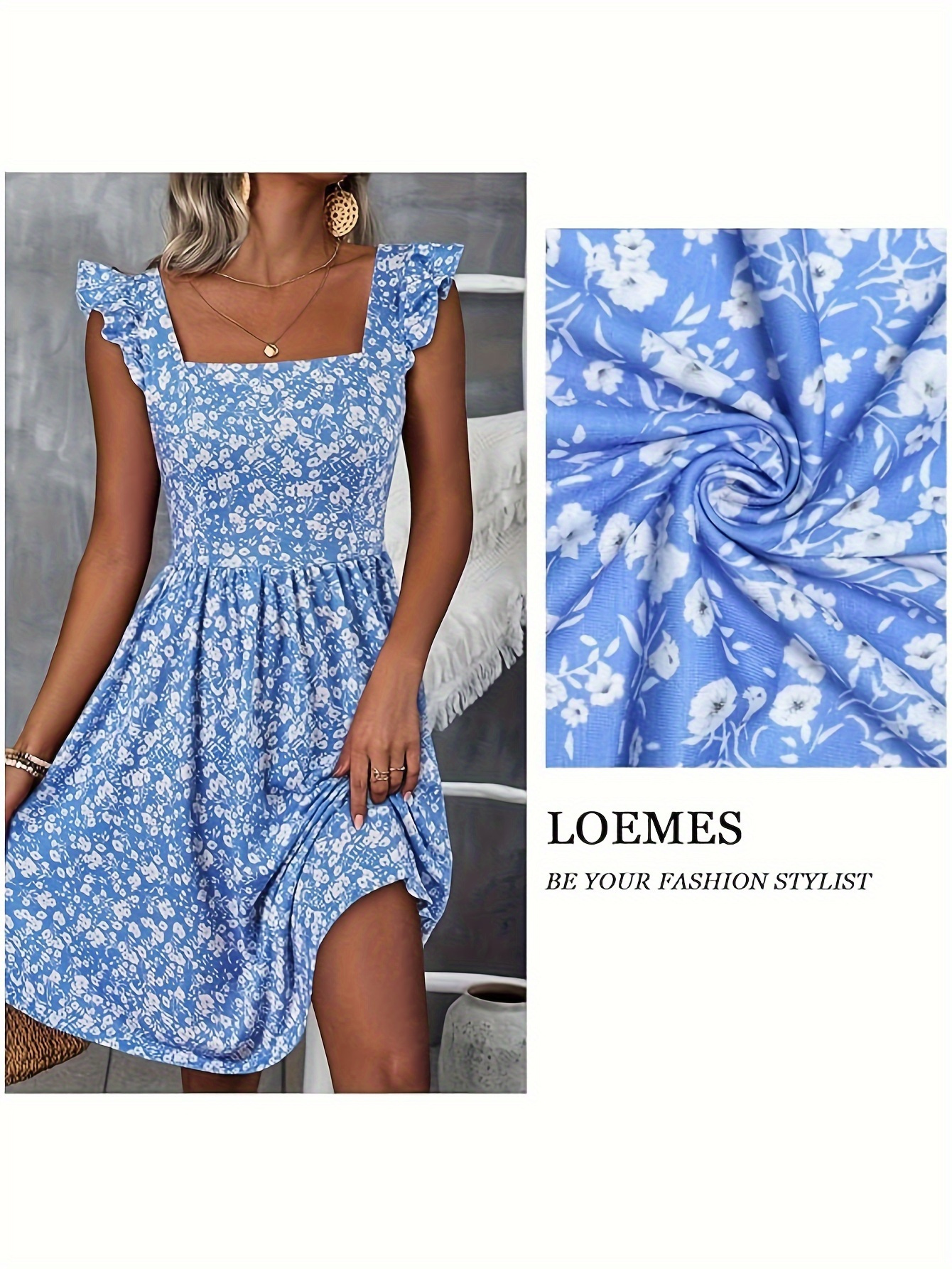 Floral Print Square Neck Patched Pockets Dress, Elegant Ruffle Sleeves Cinched Waist Dress For Spring & Summer, Women's Clothing