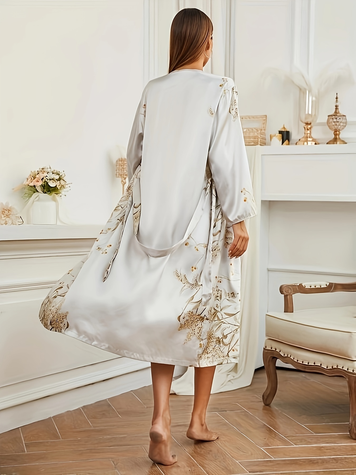 New 2pcs Spring Floral Print Cowl Neck Slip Nightdress & Belted Robe Pyjama Set, Draped Neck Sleeveless Cami Night Dress & Long Sleeve Dressing Gown Pj Set As Mother's Day Gift, Womenswear, Women's Sleepwear & Loungewear Set, Comfort Clothes Set