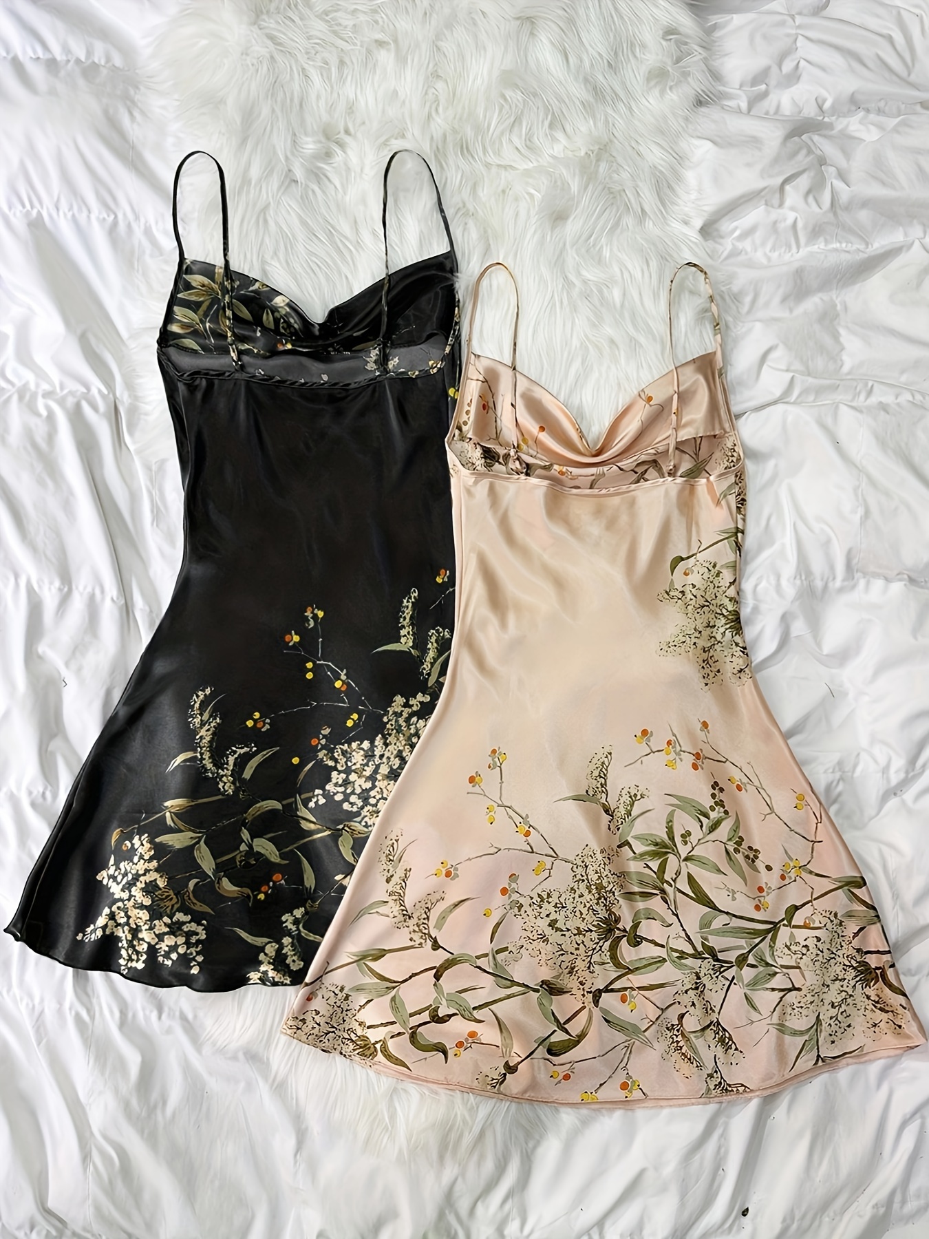 2 Pcs Floral Print Nightdress Draped Collar Backless Sleep Dress Women's Sleepwear