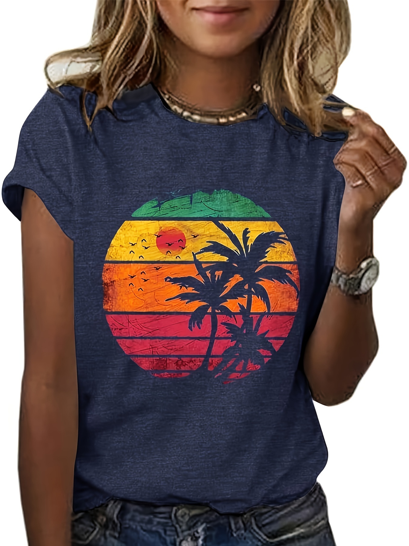 Coconut Tree & Sun Print Casual T-shirt, Crew Neck Short Sleeve Top For Spring & Summer, Women's Clothing