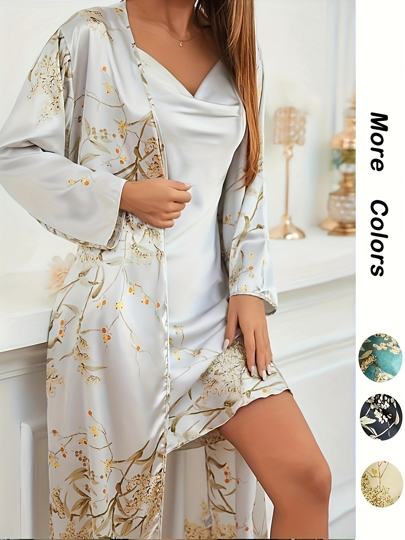 New 2pcs Spring Floral Print Cowl Neck Slip Nightdress & Belted Robe Pyjama Set, Draped Neck Sleeveless Cami Night Dress & Long Sleeve Dressing Gown Pj Set As Mother's Day Gift, Womenswear, Women's Sleepwear & Loungewear Set, Comfort Clothes Set