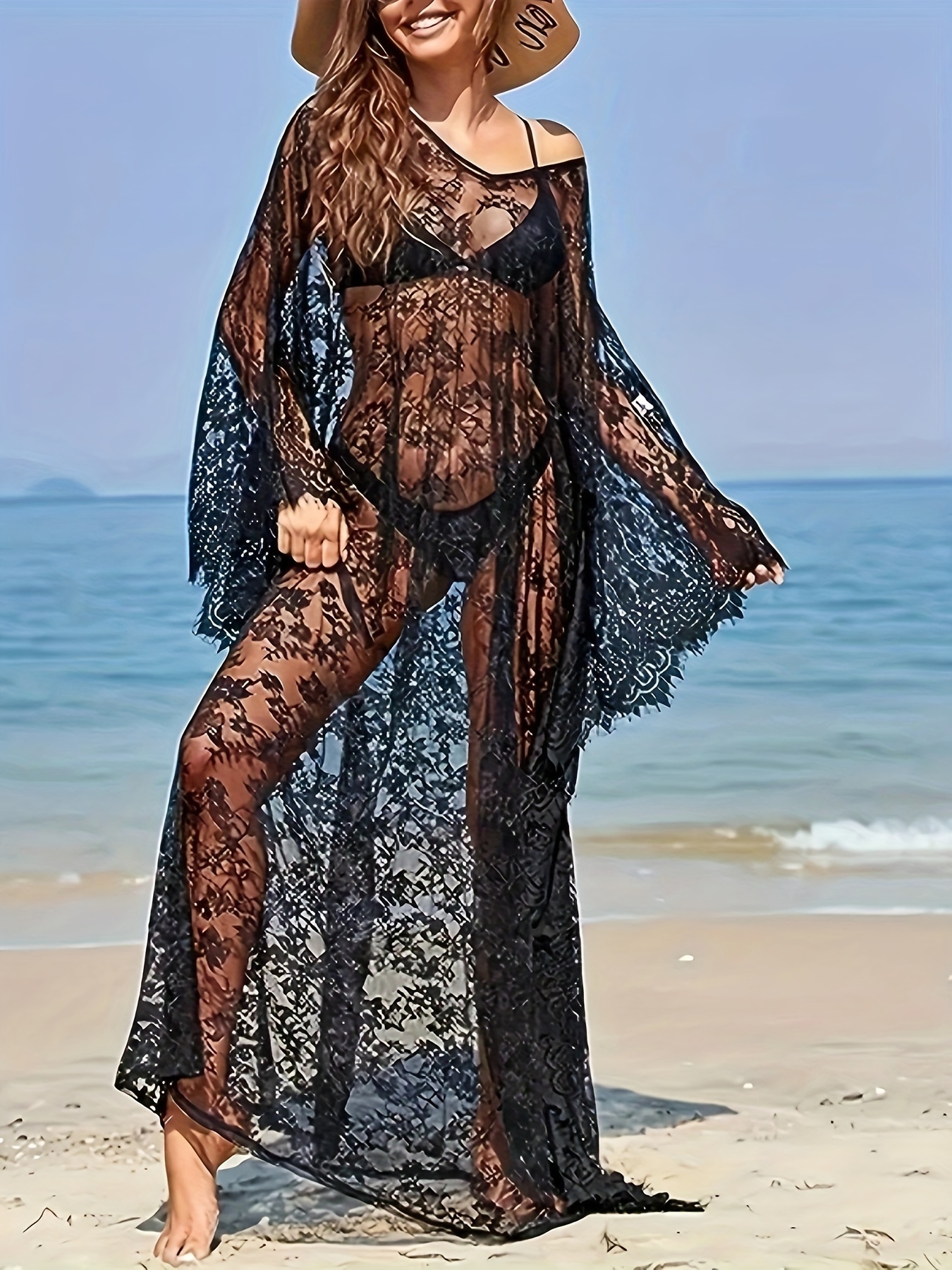 Beach Cover Up for Women Plus Size Boho Lace Kaftan Dress Sheer Bathing Suit Sexy Cover Up