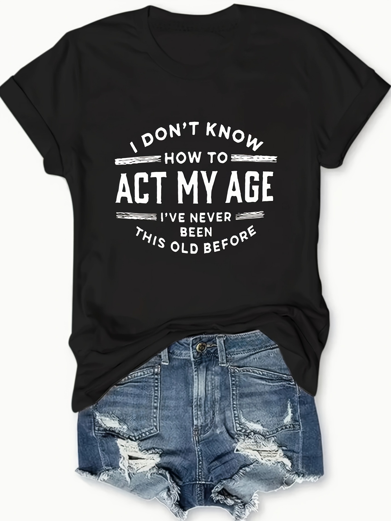 ACT MY AGE Print Crew Neck T-shirt, Casual Short Sleeve T-shirt For Summer, Women's Clothing
